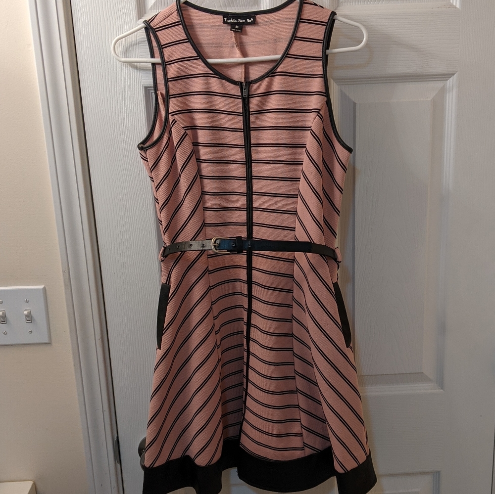 ❤ Pink Fit n Flare Dress Medium with Faux Leather Details
